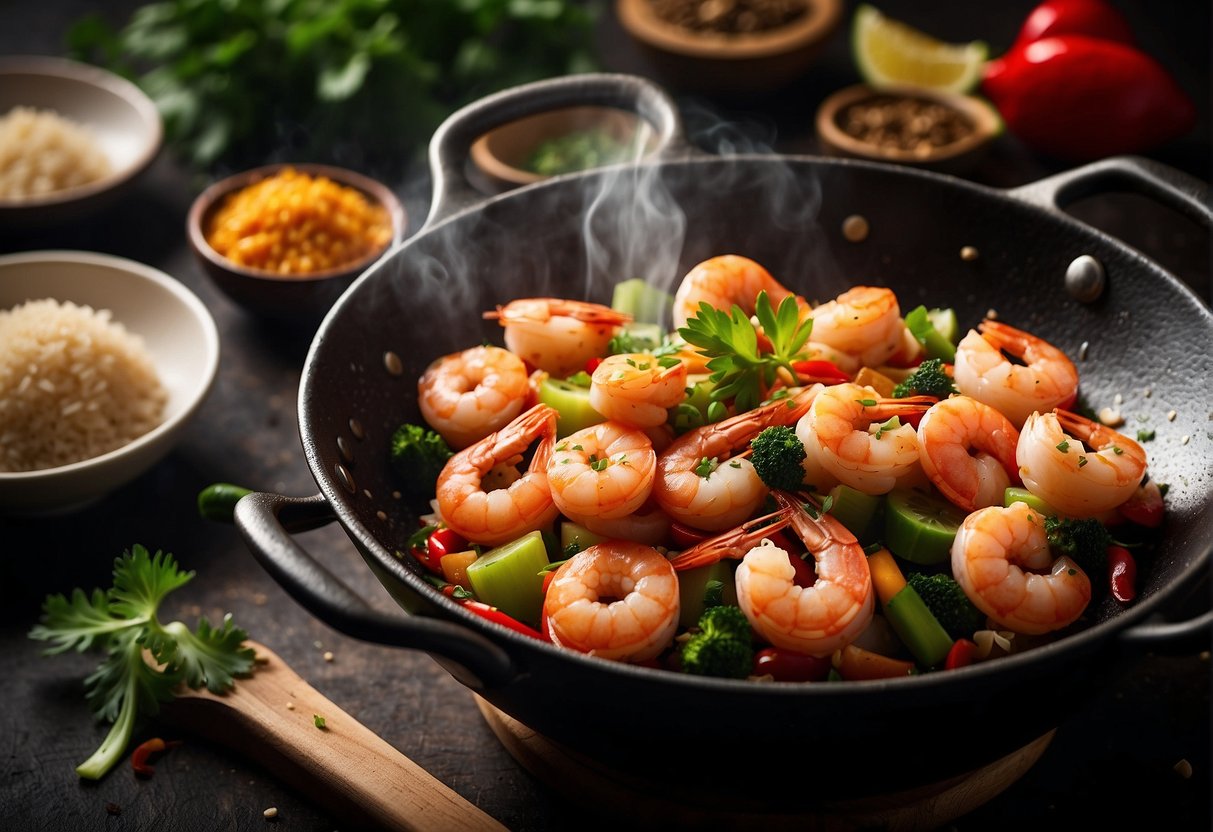 A sizzling wok filled with plump, succulent prawns stir-frying with garlic, ginger, and chili, creating a fragrant cloud of savory aromas