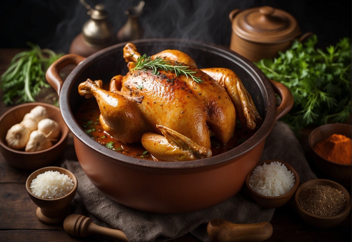 A whole chicken simmering in a fragrant Chinese braising liquid, surrounded by aromatic spices and herbs in a traditional clay pot