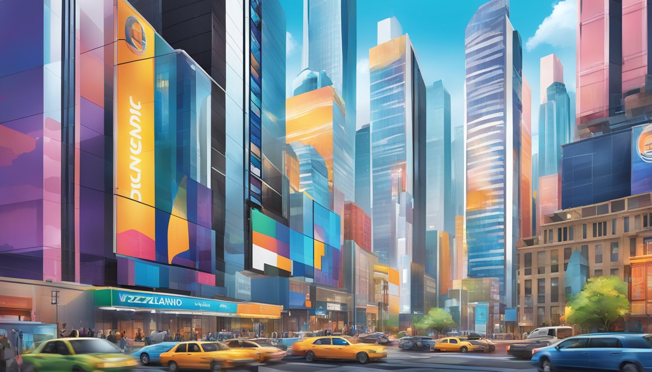 A vibrant cityscape with skyscrapers, bustling streets, and the iconic Vozuko brand logo prominently displayed on a billboard