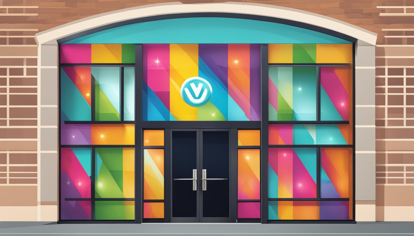 A colorful logo of "Vozuko" brand displayed on a sleek, modern storefront window. Bright lights and vibrant colors draw attention to the brand
