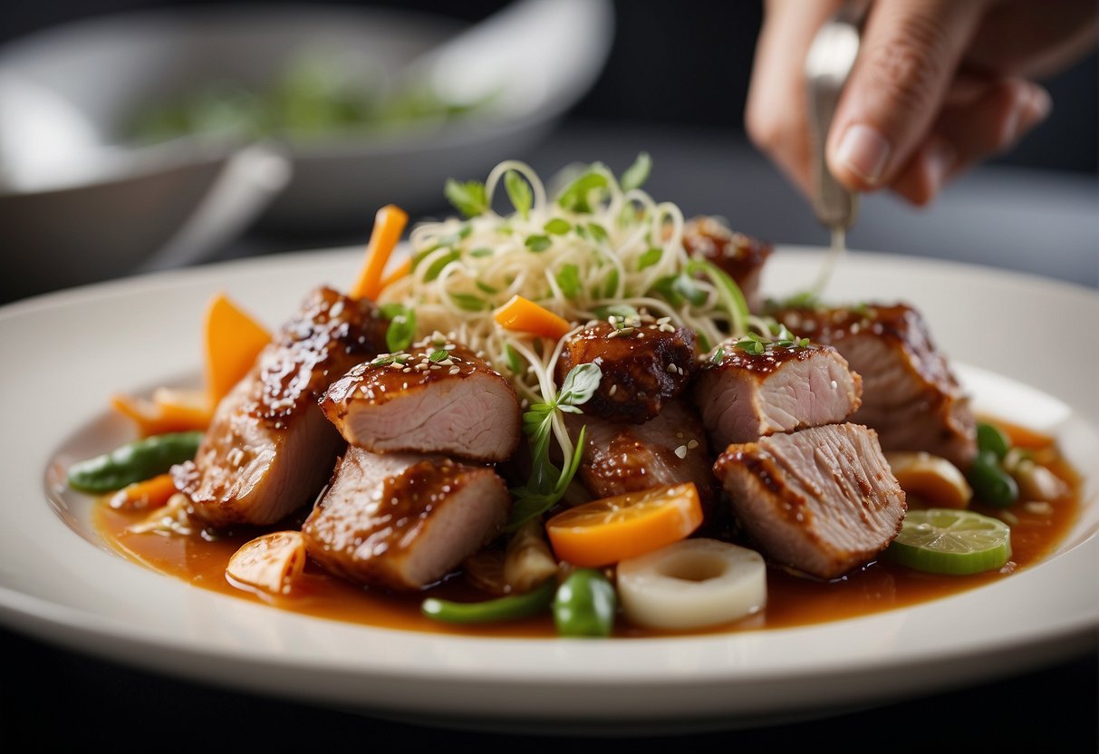 A chef effortlessly combines classic Chinese pork dishes with modern ingredients, creating a fusion of traditional flavors and contemporary twists
