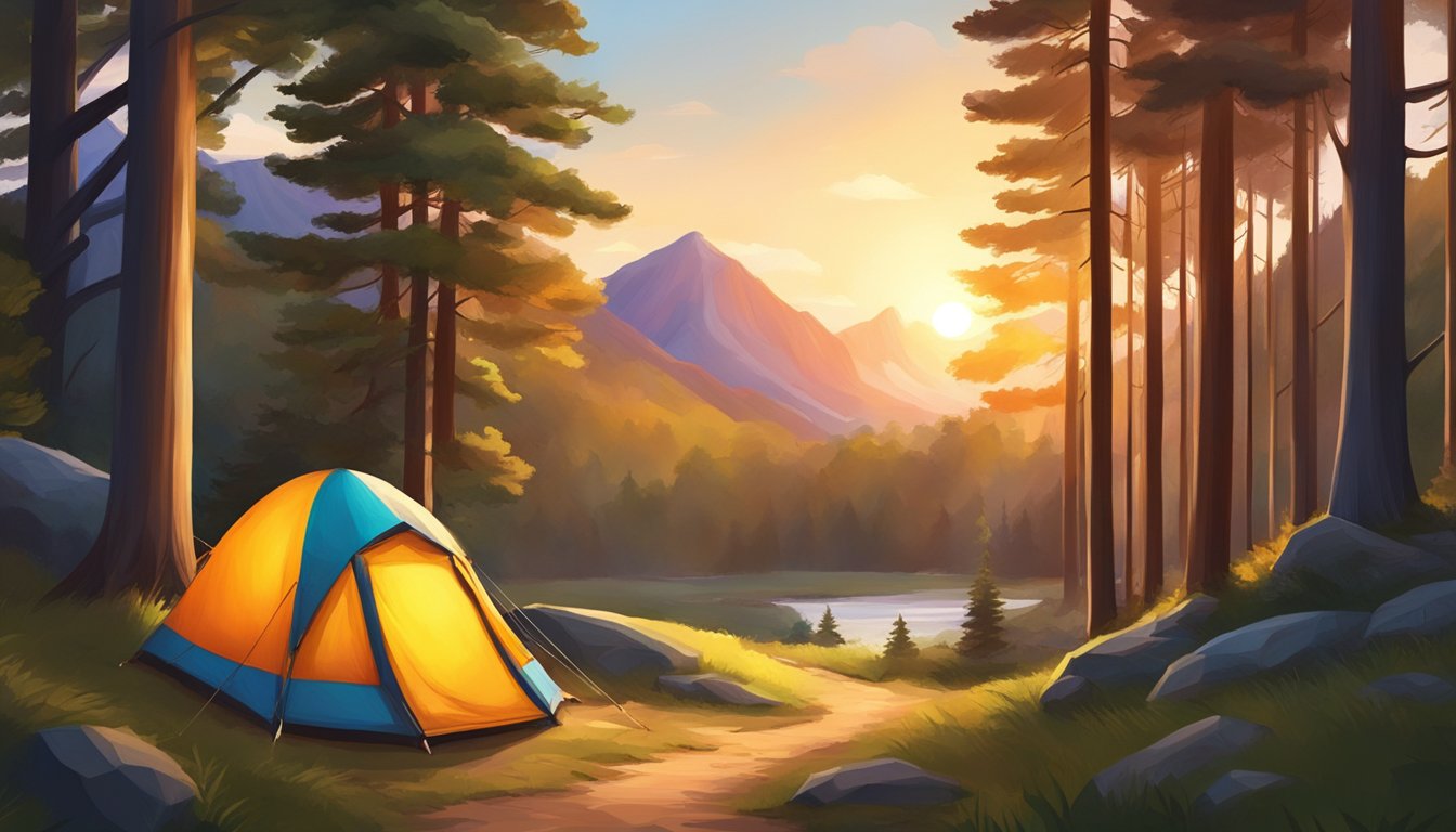 A colorful tent sits among towering trees, with a winding trail leading into the wilderness. The sun sets in the distance, casting a warm glow over the scene