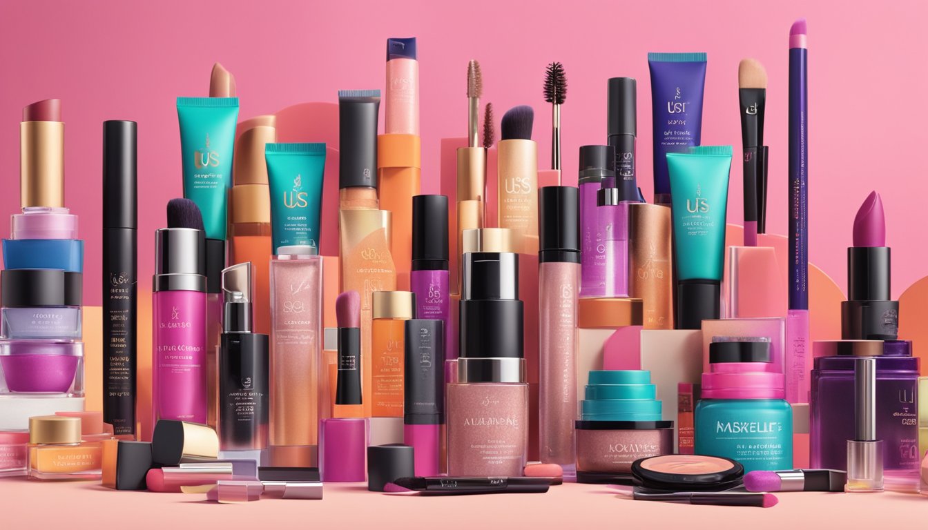 A display of US makeup brands, unavailable in the UK, with bold packaging and vibrant colors