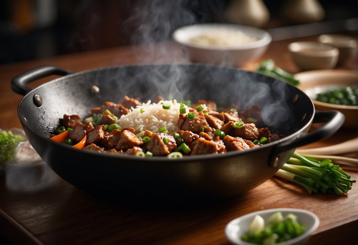 A sizzling wok filled with stir-fried pork, ginger, and garlic. A pot of steaming rice sits nearby. Ingredients like soy sauce and green onions are scattered on the counter