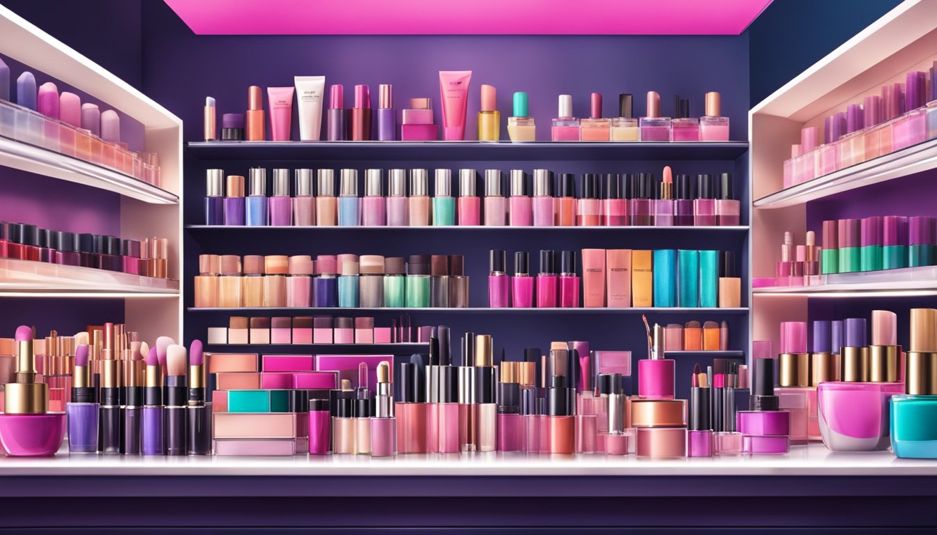 A display of US exclusive makeup brands, with vibrant packaging and bold colors, stands out against a backdrop of sleek, modern shelves in a high-end beauty store