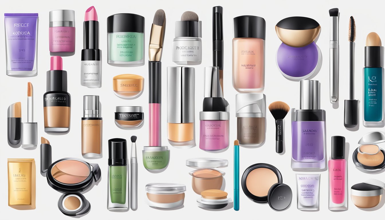 A table with various makeup products from international brands not available in the UK. Labels show "Frequently Asked Questions" about the products