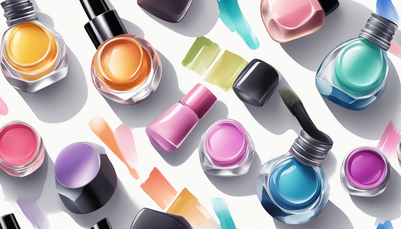 Various water-based nail polish bottles arranged on a white table, surrounded by colorful swatches and a paintbrush