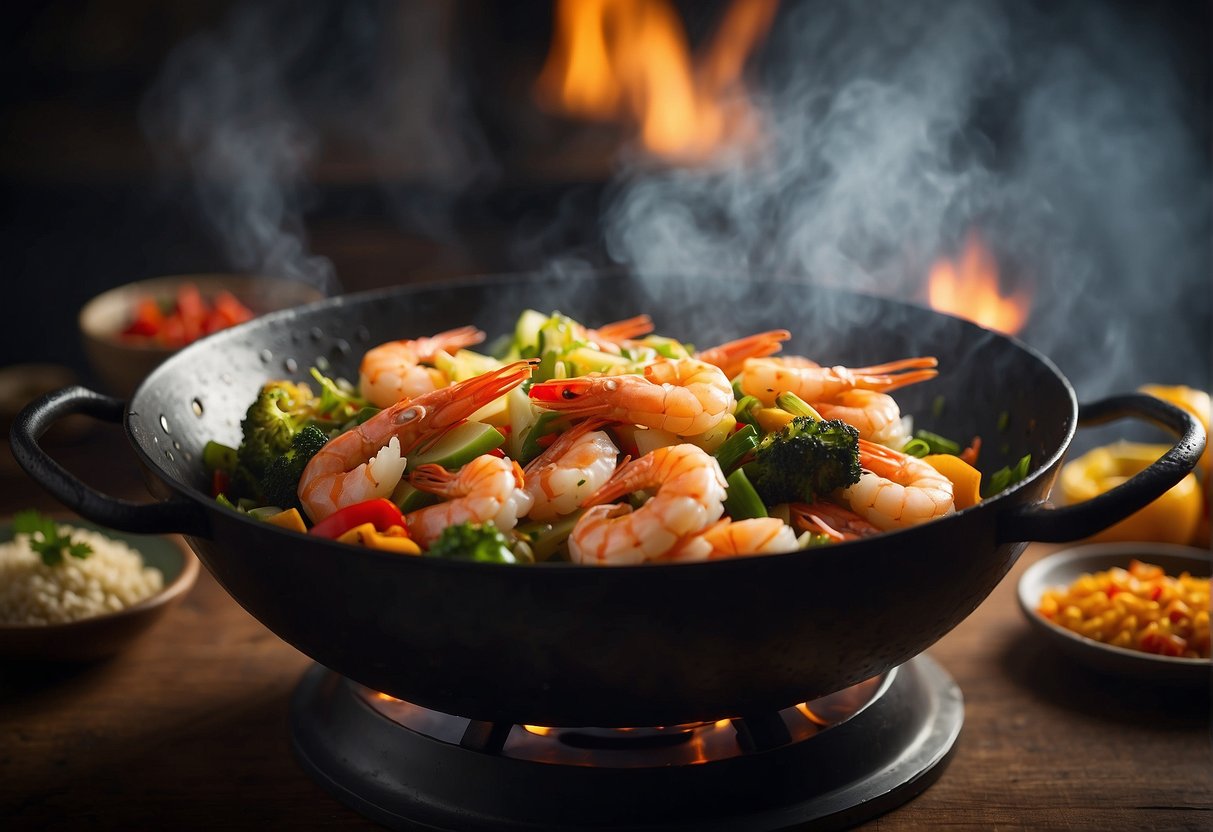 A sizzling wok filled with colorful stir-fried prawns, vegetables, and aromatic spices, emanating mouth-watering aromas