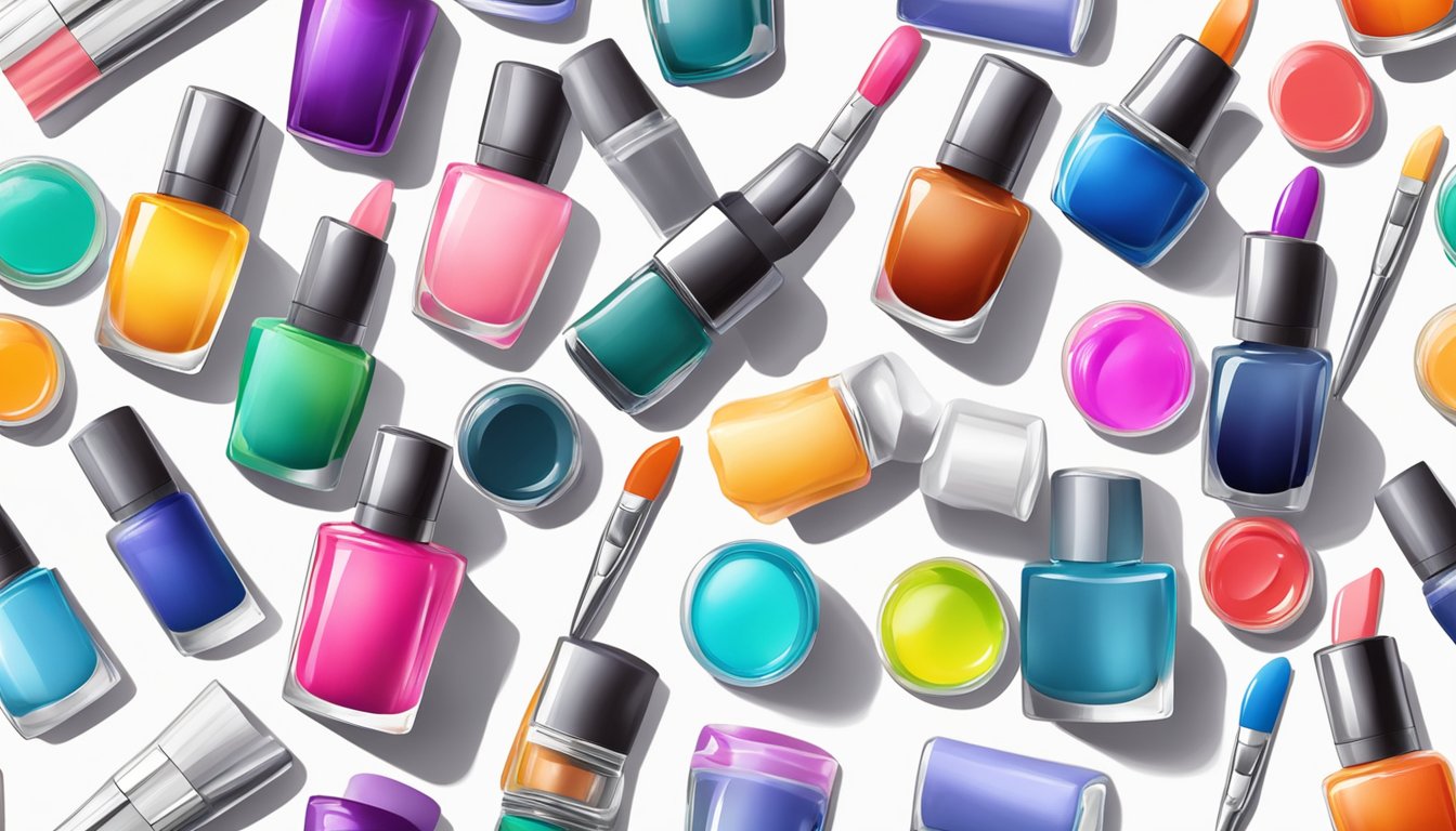 A table with various water-based nail polish bottles, surrounded by colorful swatches and paintbrushes