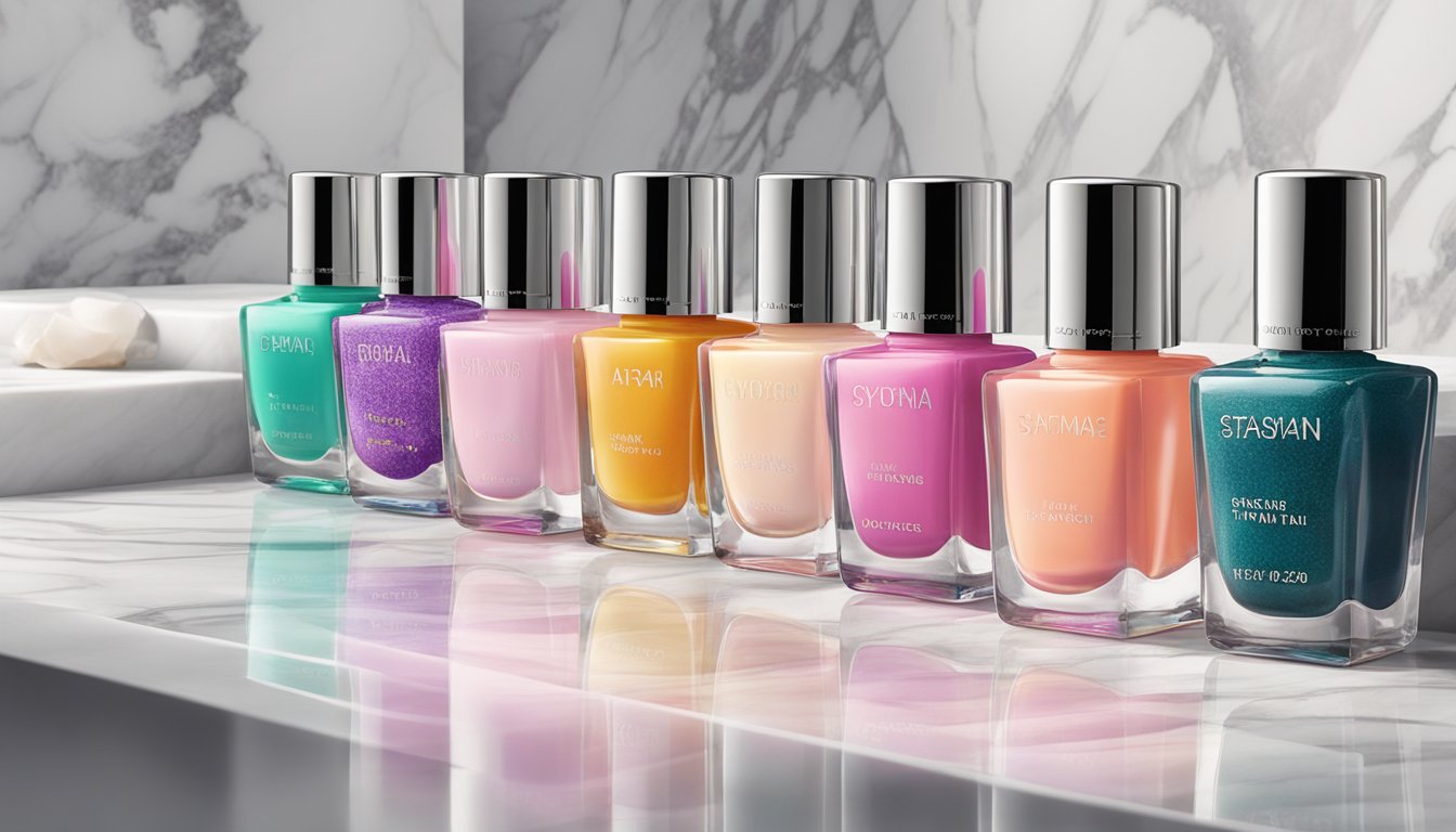 Vibrant water-based nail polish bottles arranged on a marble countertop, reflecting light and showcasing a range of colors and textures