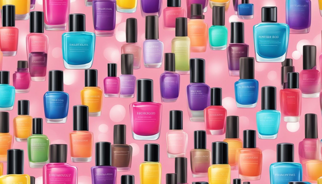 A colorful display of water-based nail polish bottles with "Frequently Asked Questions" labels. Bright and inviting packaging