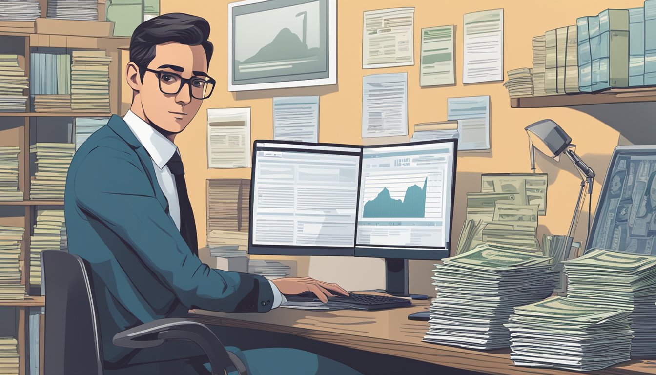 A money lender sits at a desk, surrounded by stacks of loan documents and a computer. A sign on the wall displays the interest rates and terms