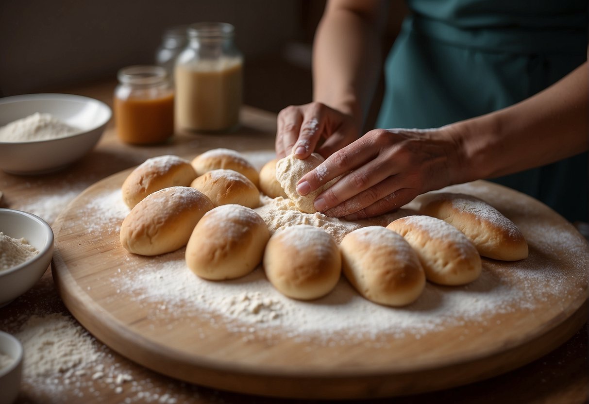 A pair of hands kneading dough for Chinese breadsticks on a floured surface, with ingredients and utensils nearby