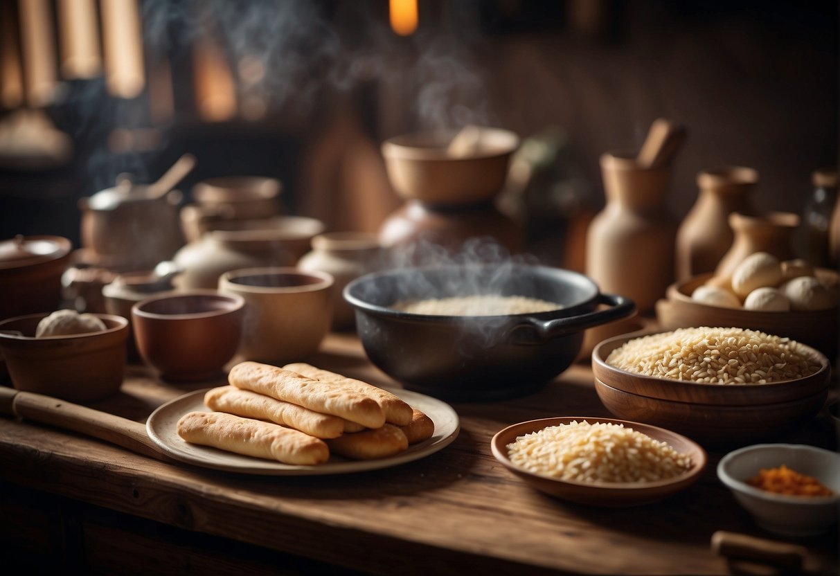 A traditional Chinese kitchen with ingredients and tools for making breadsticks, showcasing cultural significance and historical roots