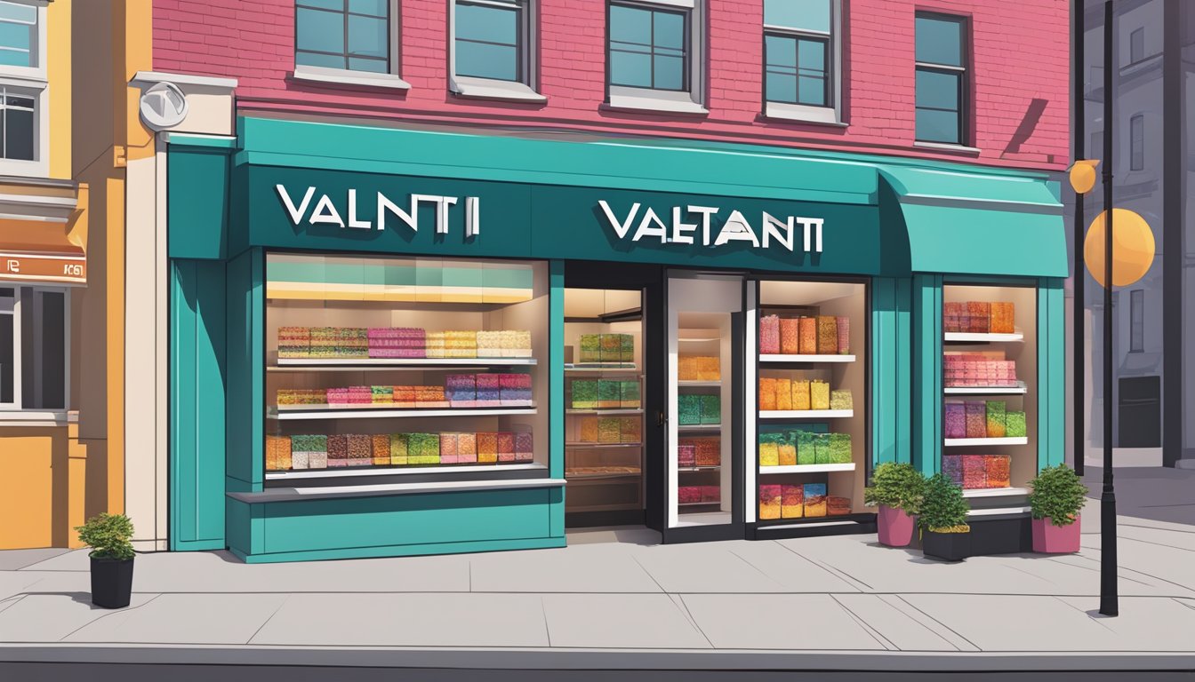A vibrant storefront with bold signage and sleek packaging, showcasing Valenti brand products in a modern, stylish setting