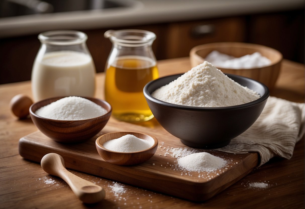 A kitchen counter with a bowl of flour, yeast, sugar, and salt. A measuring cup of warm water and a wooden spoon. A rolling pin and a tray lined with parchment paper