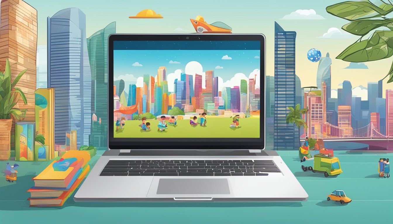 A laptop displaying a colorful array of children's books, with a "Buy Now" button, set against a backdrop of the Singapore skyline