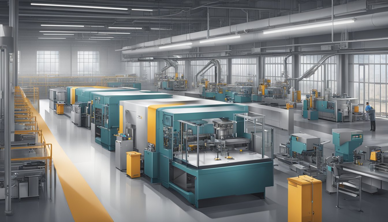A sleek, modern factory with efficient machinery, organized workstations, and a focus on quality control. The Valenti brand logo is prominently displayed, symbolizing excellence