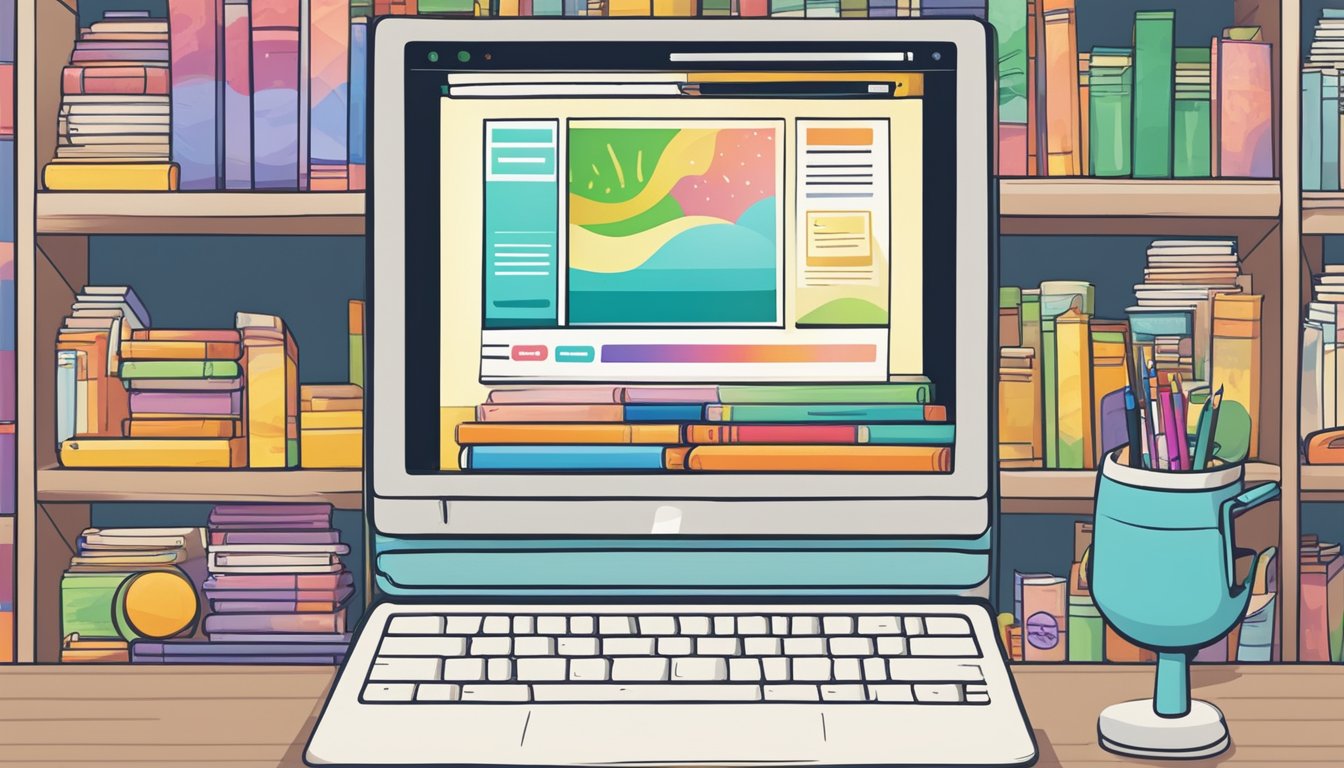 A computer screen displays a colorful array of children's books on an online bookstore in Singapore. The cursor hovers over the "add to cart" button, ready to make a purchase