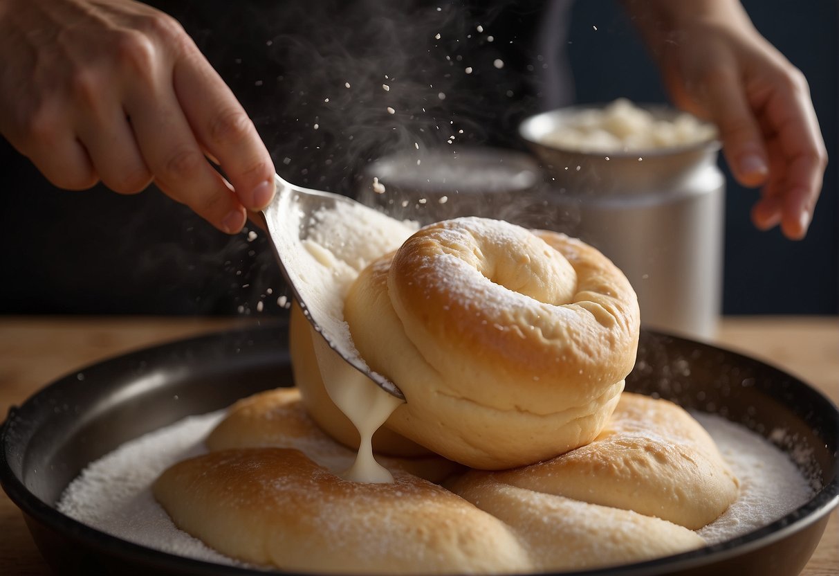 A hand mixing flour, water, and yeast. Another hand kneading the dough. Youtiao dough rising in a bowl. Oil heating in a pan. Youtiao frying to golden perfection