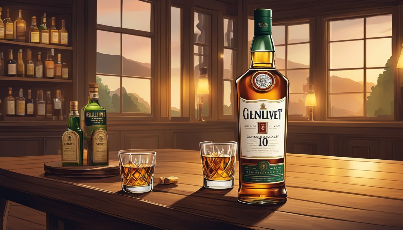 A bottle of Glenlivet whiskey sits on a wooden table, surrounded by two glasses and a dimly lit room with a cozy atmosphere