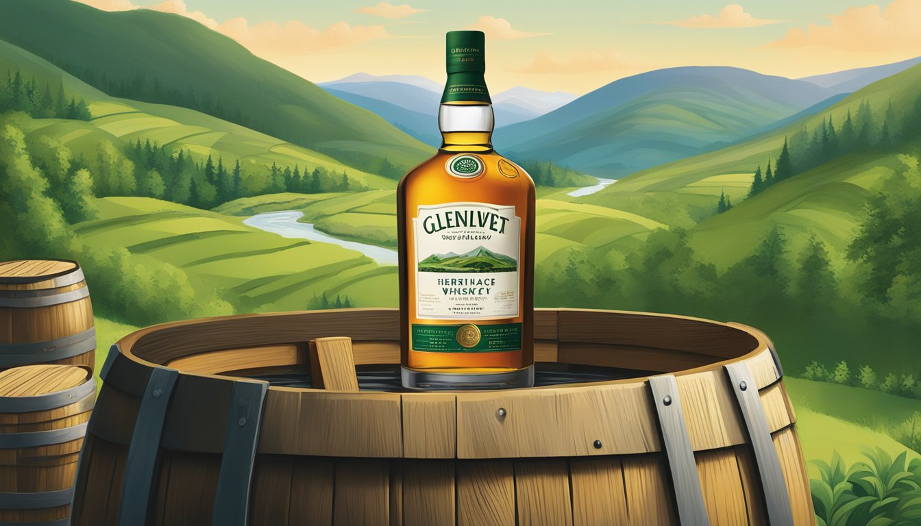 A bottle of Glenlivet Heritage whiskey stands atop a wooden barrel, surrounded by lush green hills and a flowing stream