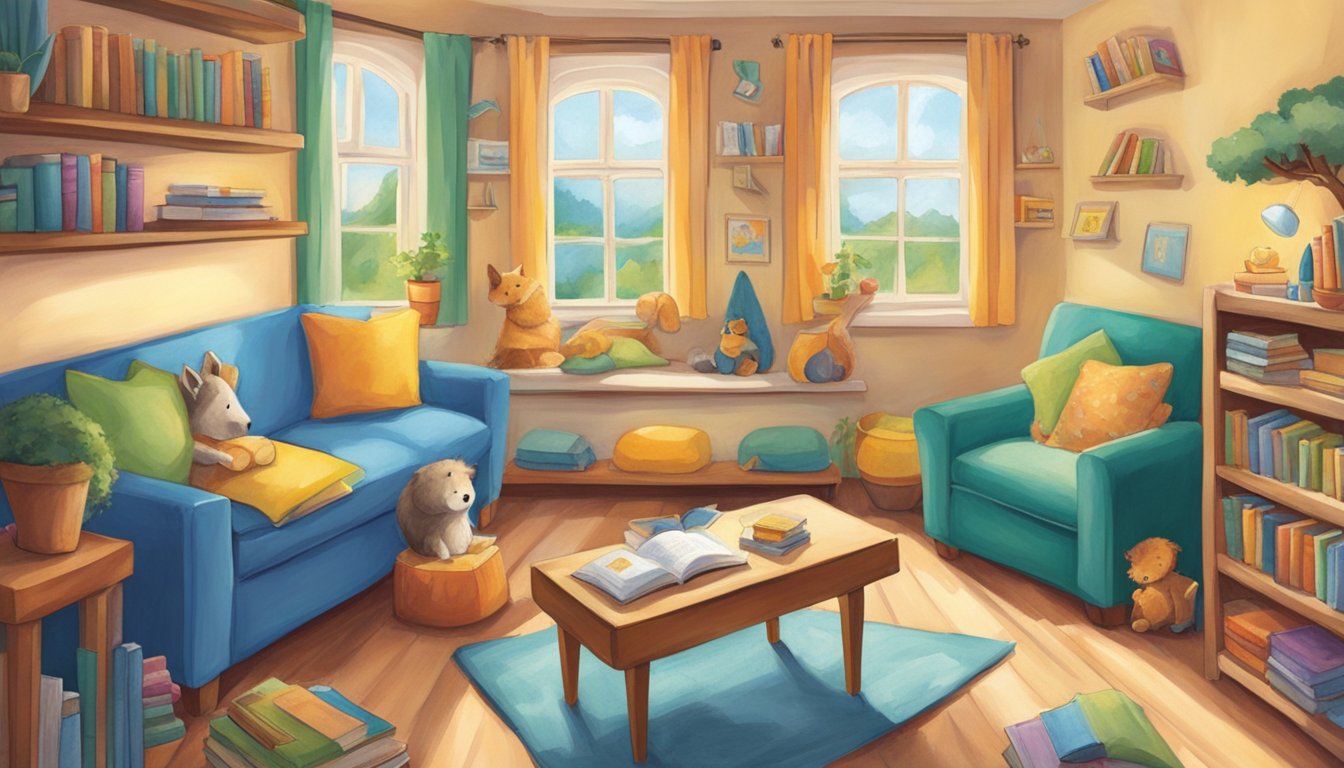 Children's books surround a cozy reading nook, with colorful illustrations and captivating stories. A child's imagination is sparked as they explore the pages