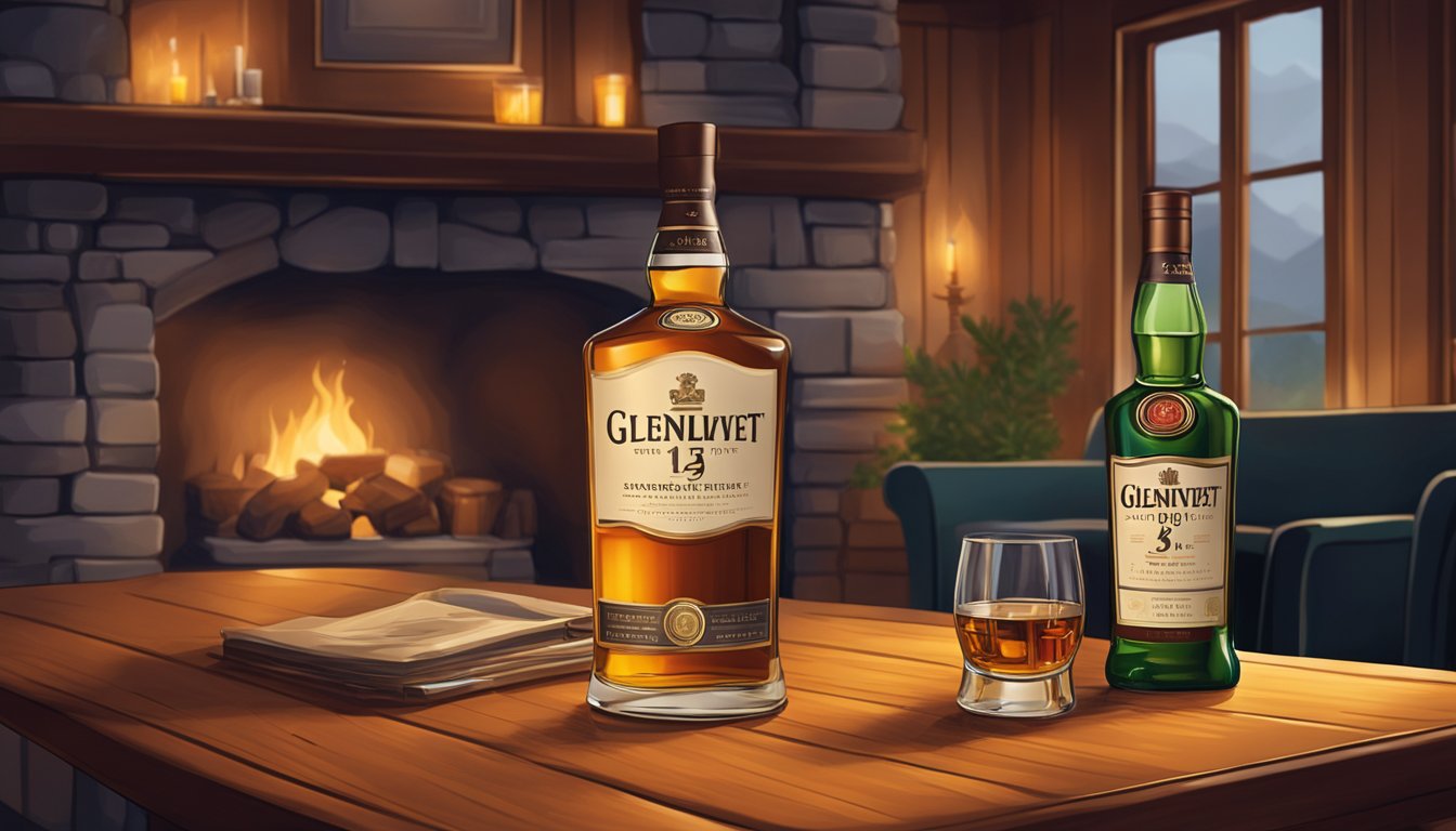 A glass of The Glenlivet whiskey sits on a wooden table, with a backdrop of a cozy fireplace and a dimly lit room