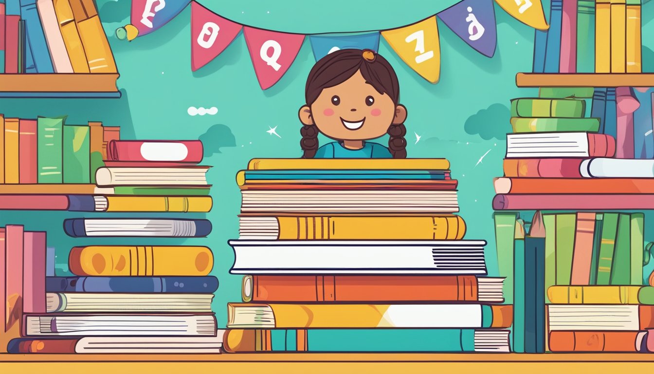 A stack of colorful children's books with a "Frequently Asked Questions" banner, a computer, and a smiling customer service representative