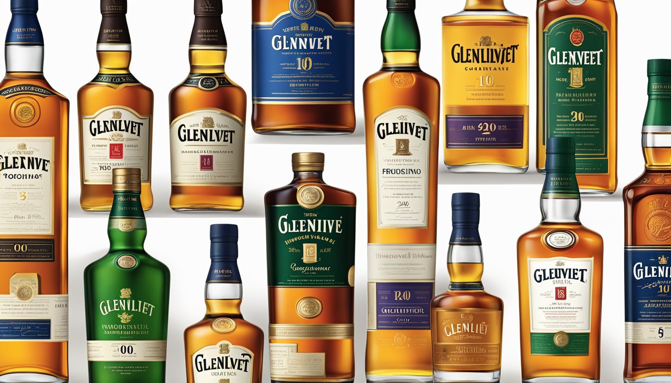A row of whiskey bottles with "Frequently Asked Questions" labels, featuring various Glenlivet brand options