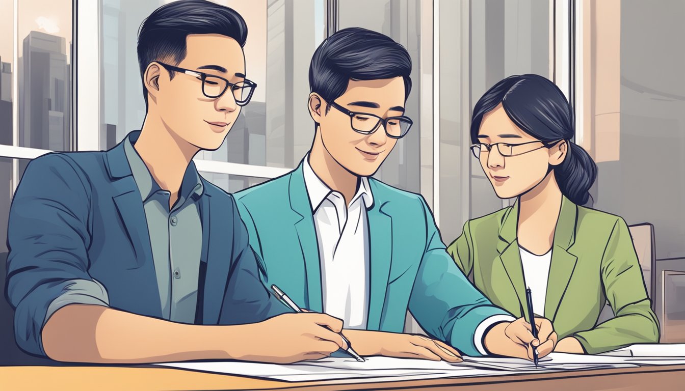 A money lender and a borrower signing a consumer protection agreement form in Singapore