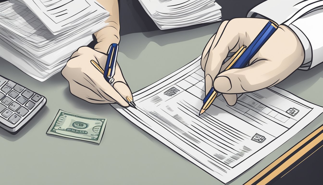 A hand holding a pen signs a money lender agreement form in Singapore
