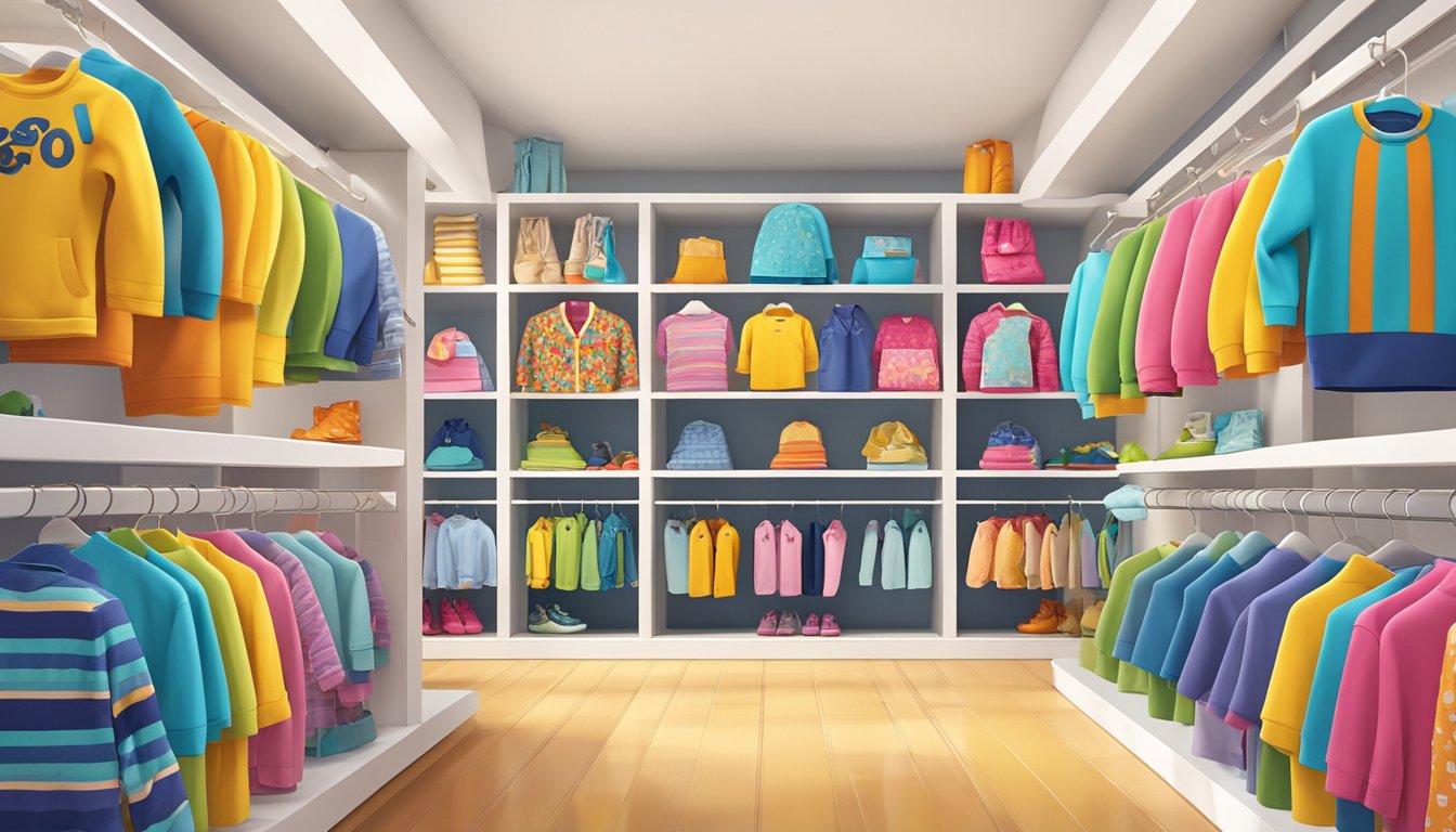 A colorful display of wholesale branded children's clothing on racks and shelves. Bright patterns and logos adorn the garments, creating an inviting and vibrant scene for potential customers
