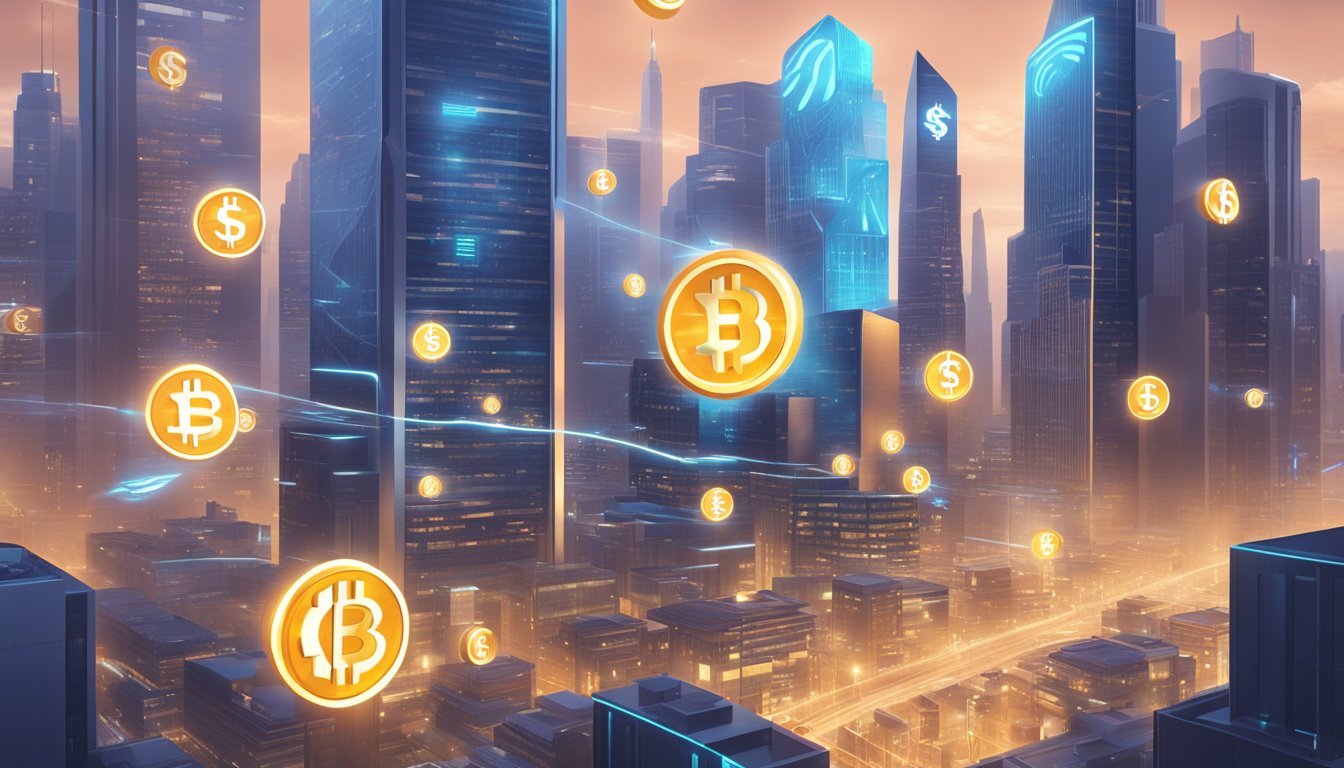 A futuristic cityscape with digital currency symbols floating in the air, while a sleek, high-tech money lending office stands prominently in the center