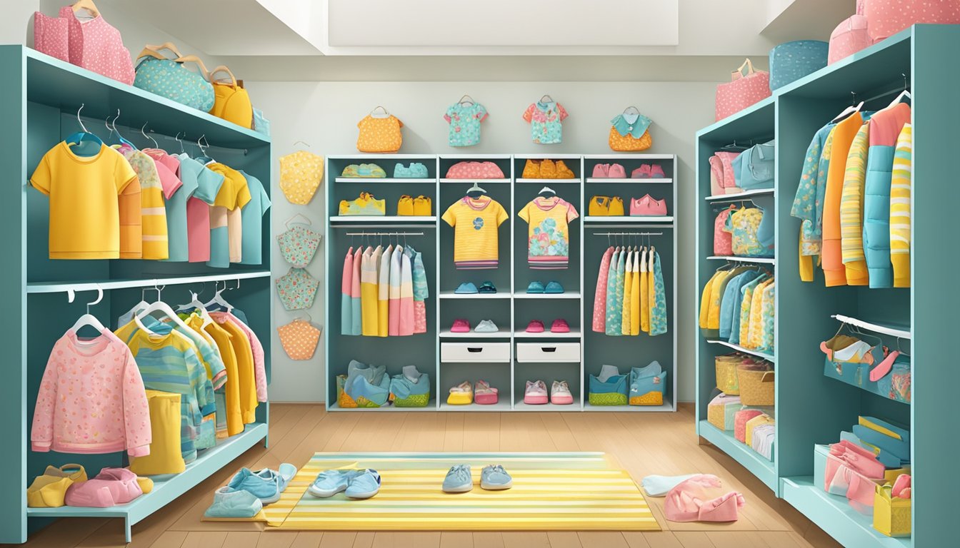 Children's clothing displayed on racks, with colorful patterns and designs. Labels and tags prominently feature brand names. Bright and inviting atmosphere
