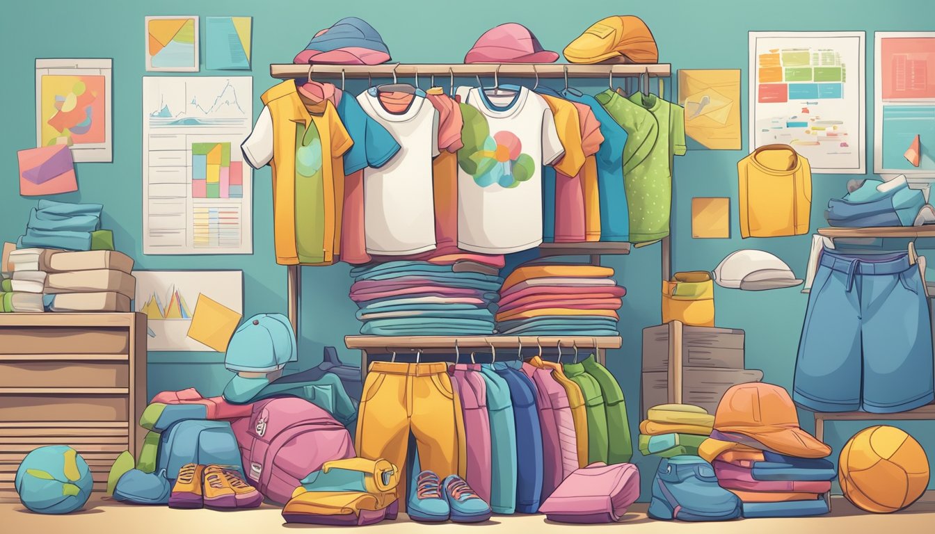 A stack of colorful branded children's clothing piled high, surrounded by business charts and graphs. A busy office with people discussing wholesale purchases