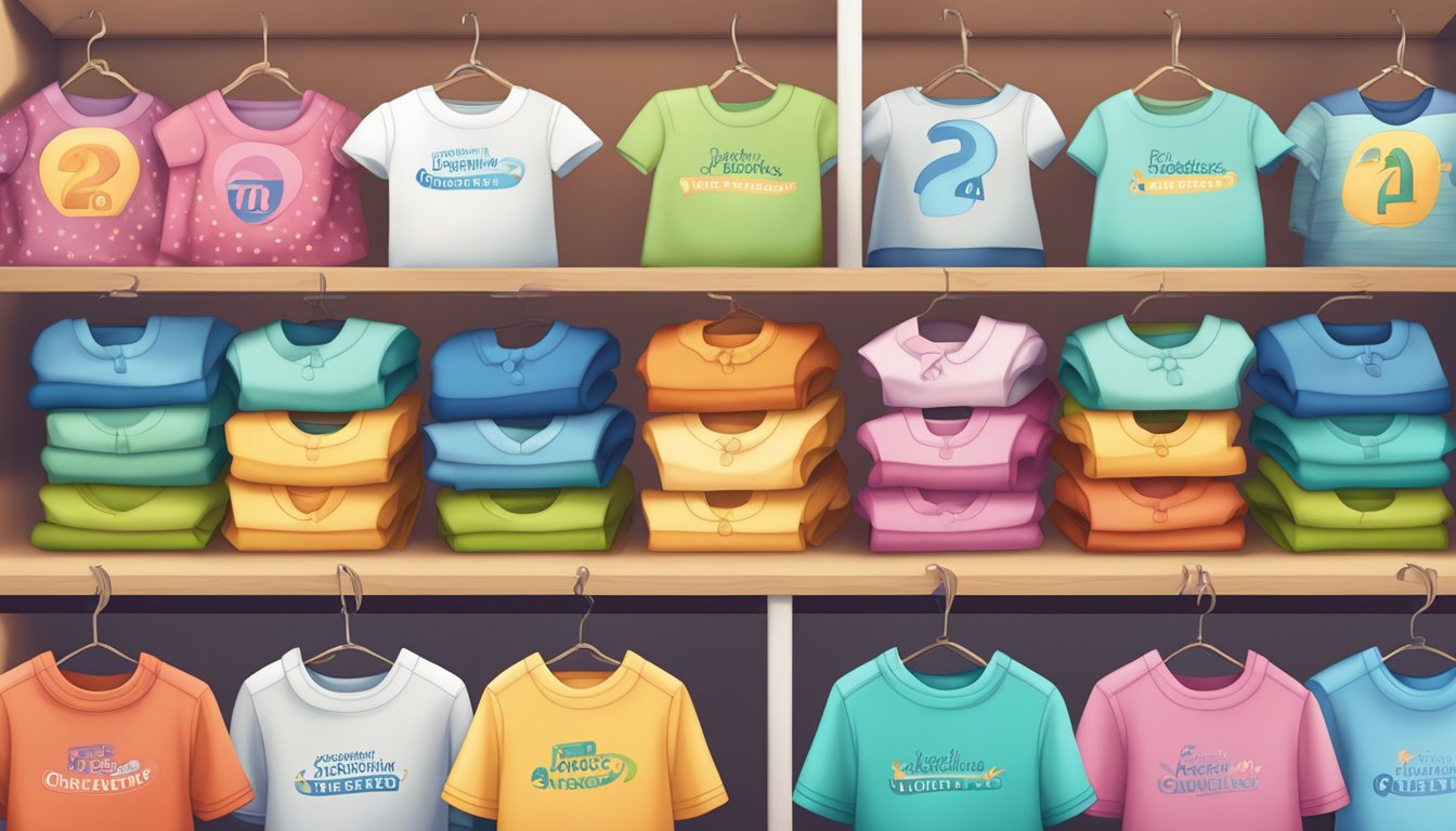 A stack of colorful branded children's clothing with a "Frequently Asked Questions" sign displayed prominently