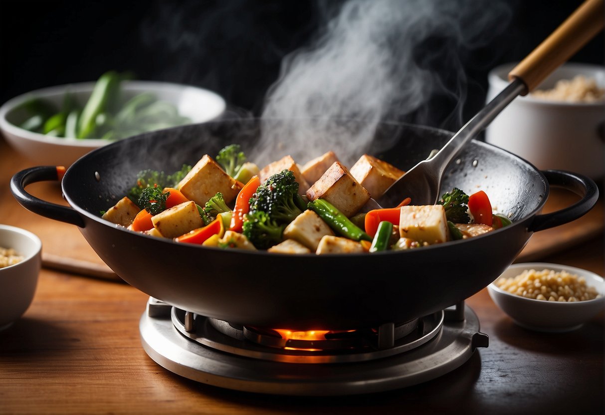 A wok sizzles with stir-fried veggies and tofu. Steam rises from a pot of fragrant rice. A bowl of savory sauce sits nearby