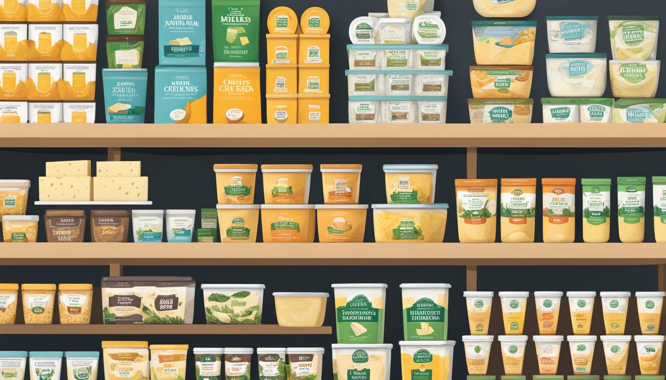 Assorted vegan cheese brands displayed on shelves at Whole Foods
