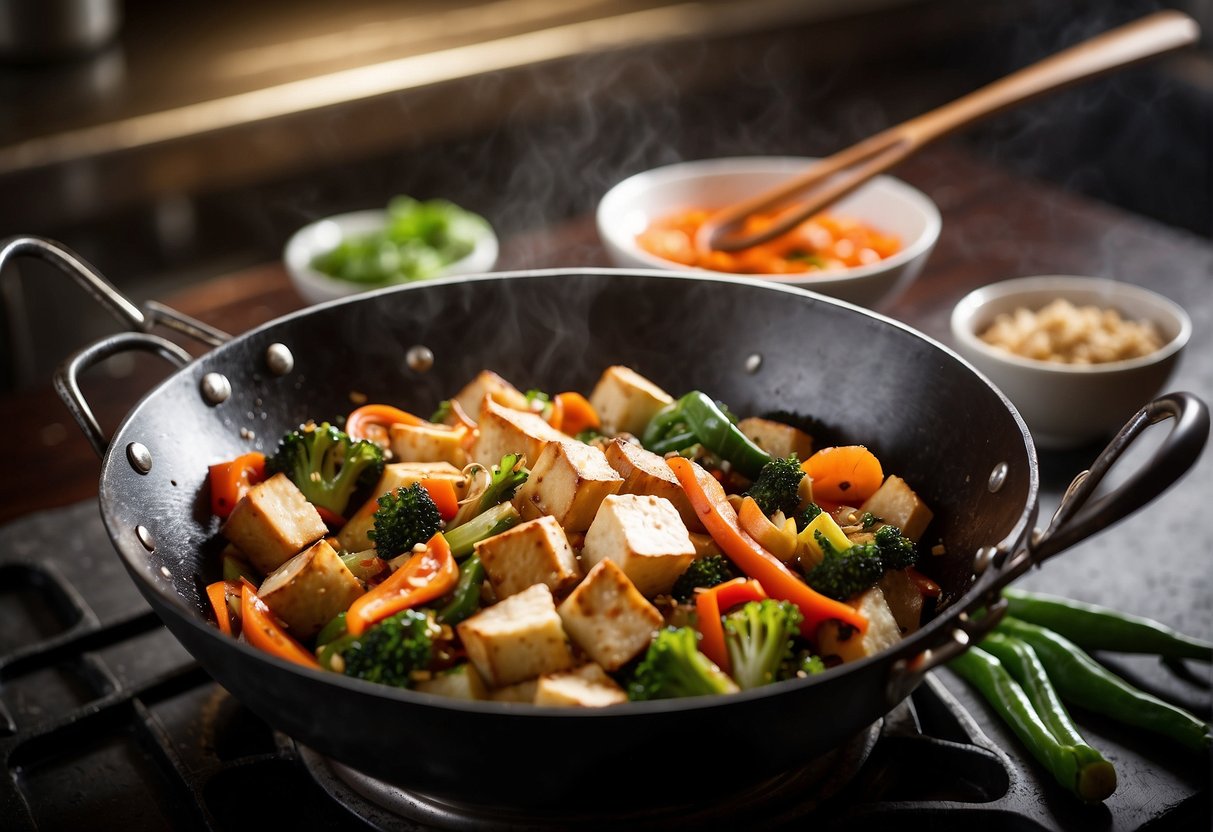 A wok sizzles with stir-fried vegetables and tofu. A pot of steaming rice sits nearby. Soy sauce and ginger on the counter