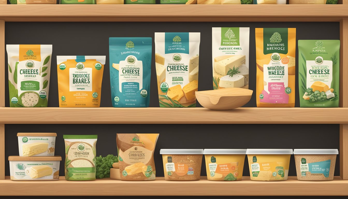 A display of various vegan cheese brands at Whole Foods, with colorful packaging and labels, arranged neatly on a wooden shelf