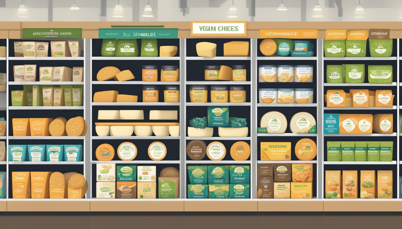 A variety of vegan cheese brands are displayed on shelves at Whole Foods, with labels highlighting their sustainable and ethical production methods