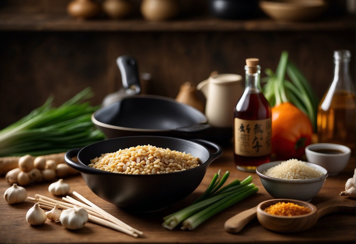 A cluttered kitchen counter with various Chinese cooking ingredients: soy sauce, ginger, garlic, sesame oil, and green onions. A wok and chopsticks lay nearby