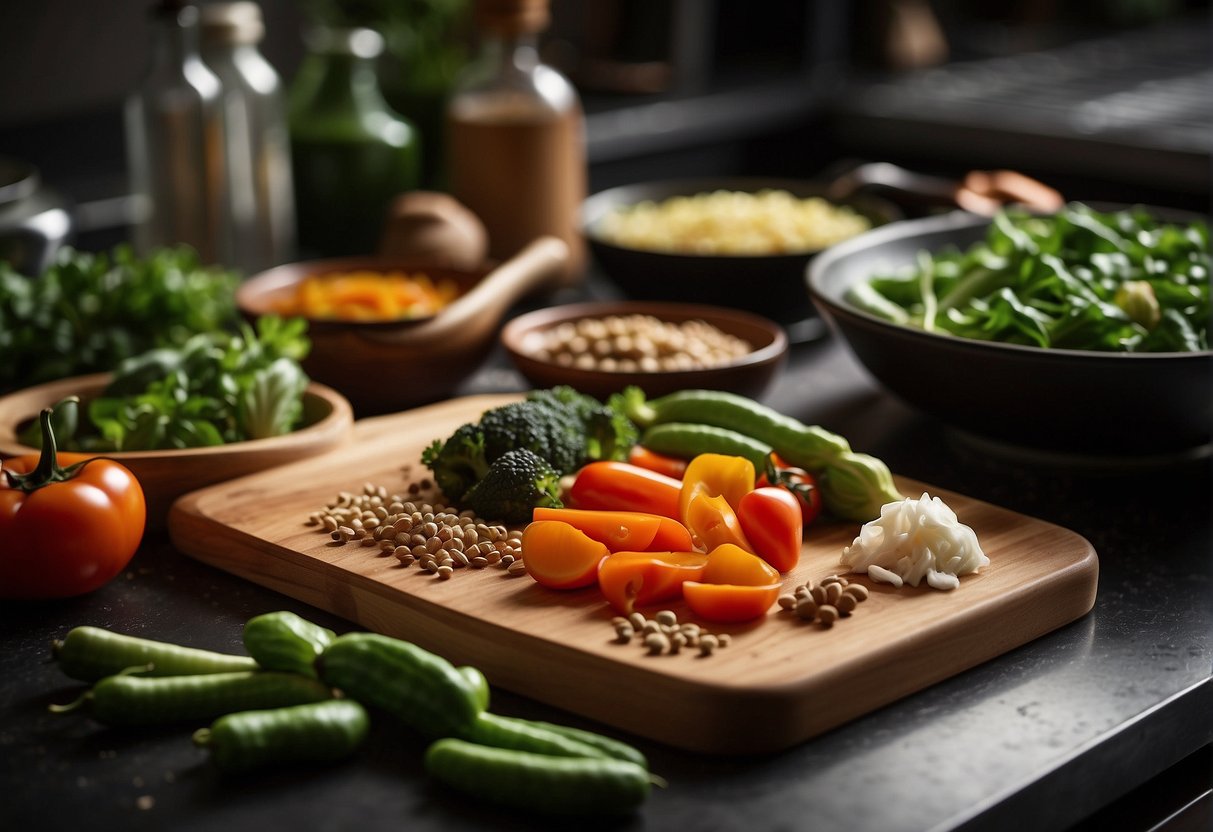 A wooden chopping board with fresh vegetables, a wok sizzling with oil, and a variety of spices and sauces arranged neatly on a kitchen counter