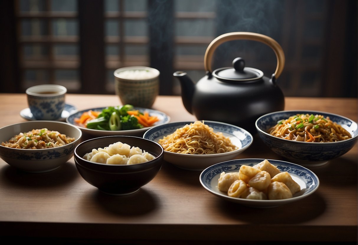A table set with various Chinese dishes, including stir-fried noodles, dumplings, and fried rice. Chopsticks and a teapot complete the scene