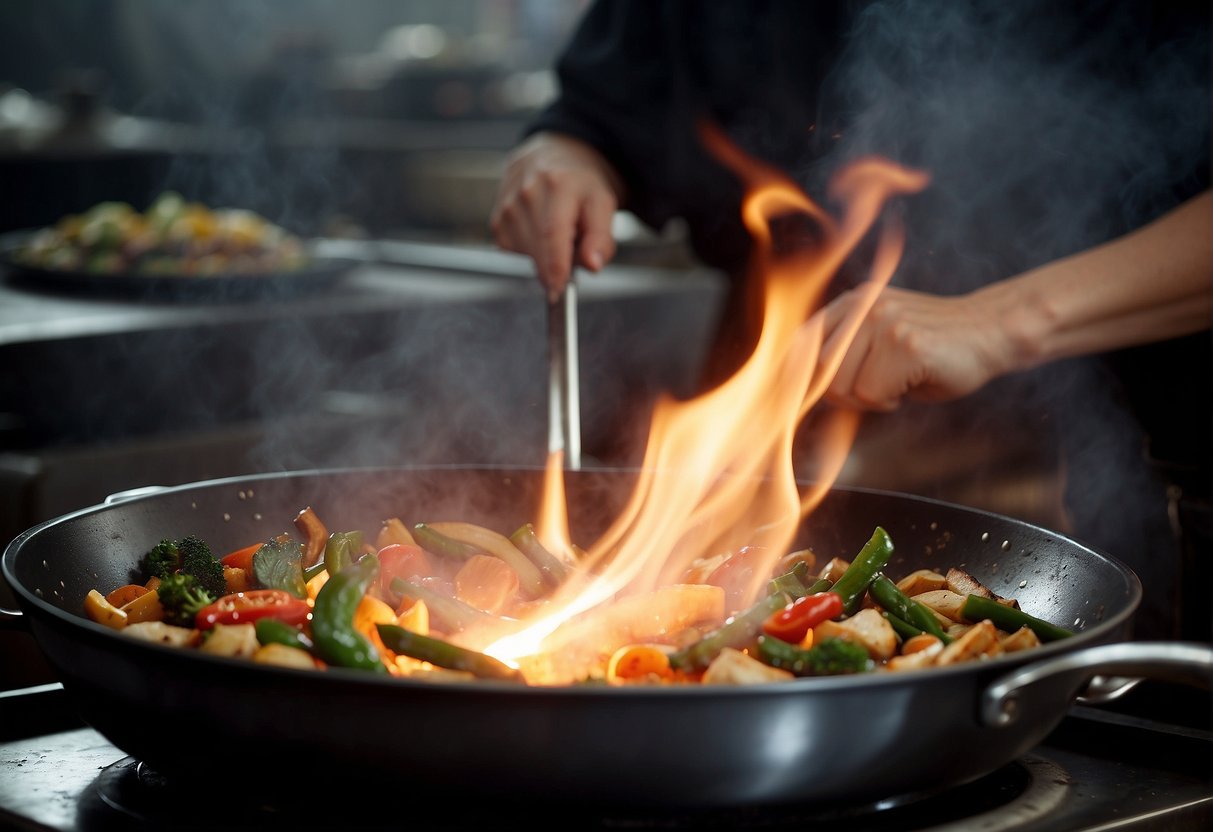 A wok sizzles over a hot flame, as ingredients are tossed and stir-fried with precision. Steam rises as a chef effortlessly demonstrates traditional Chinese cooking techniques