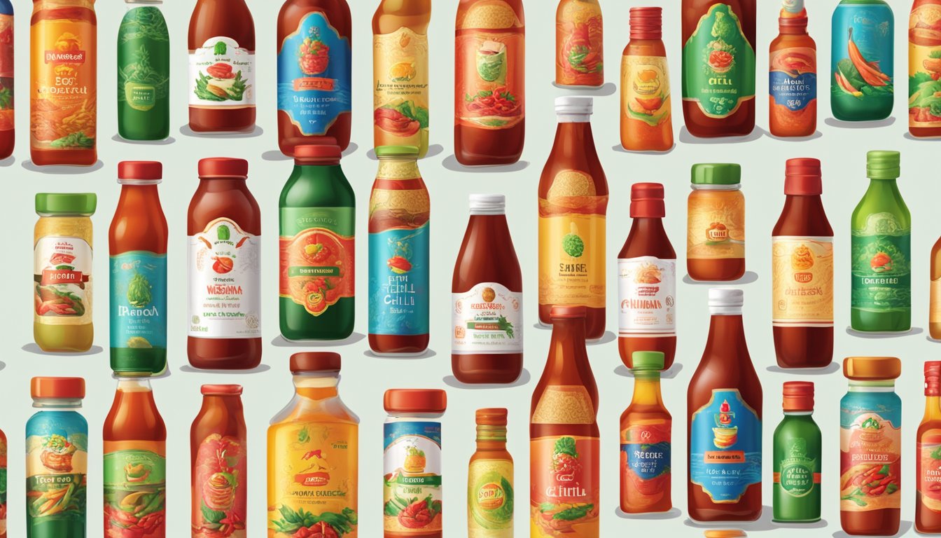 A table with various bottles of Vietnamese chili sauce brands arranged in a row, each bottle displaying its unique label and vibrant colors