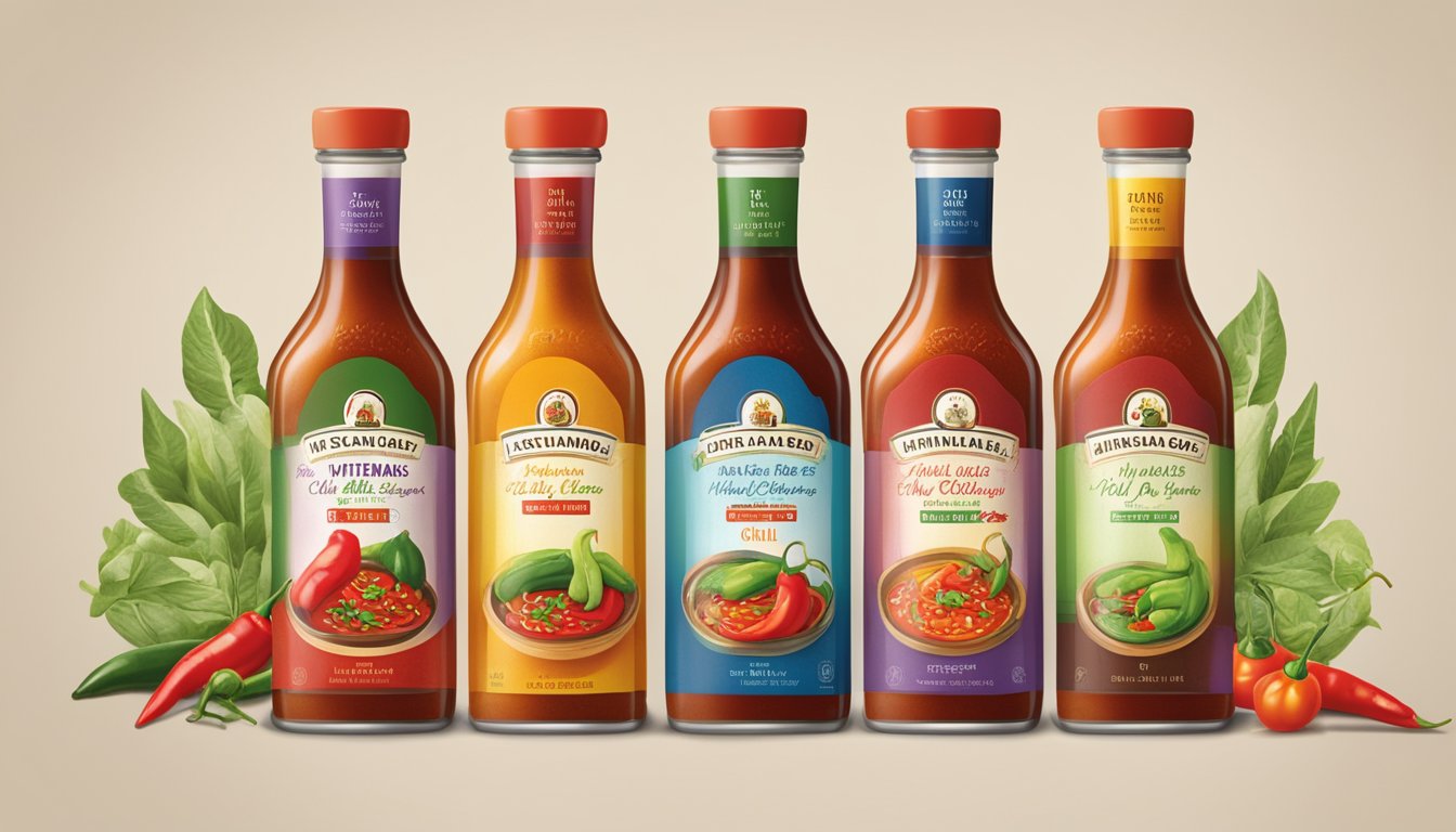 A table displays various Vietnamese chili sauce bottles, each with unique branding and packaging. Labels showcase different flavors and ingredients