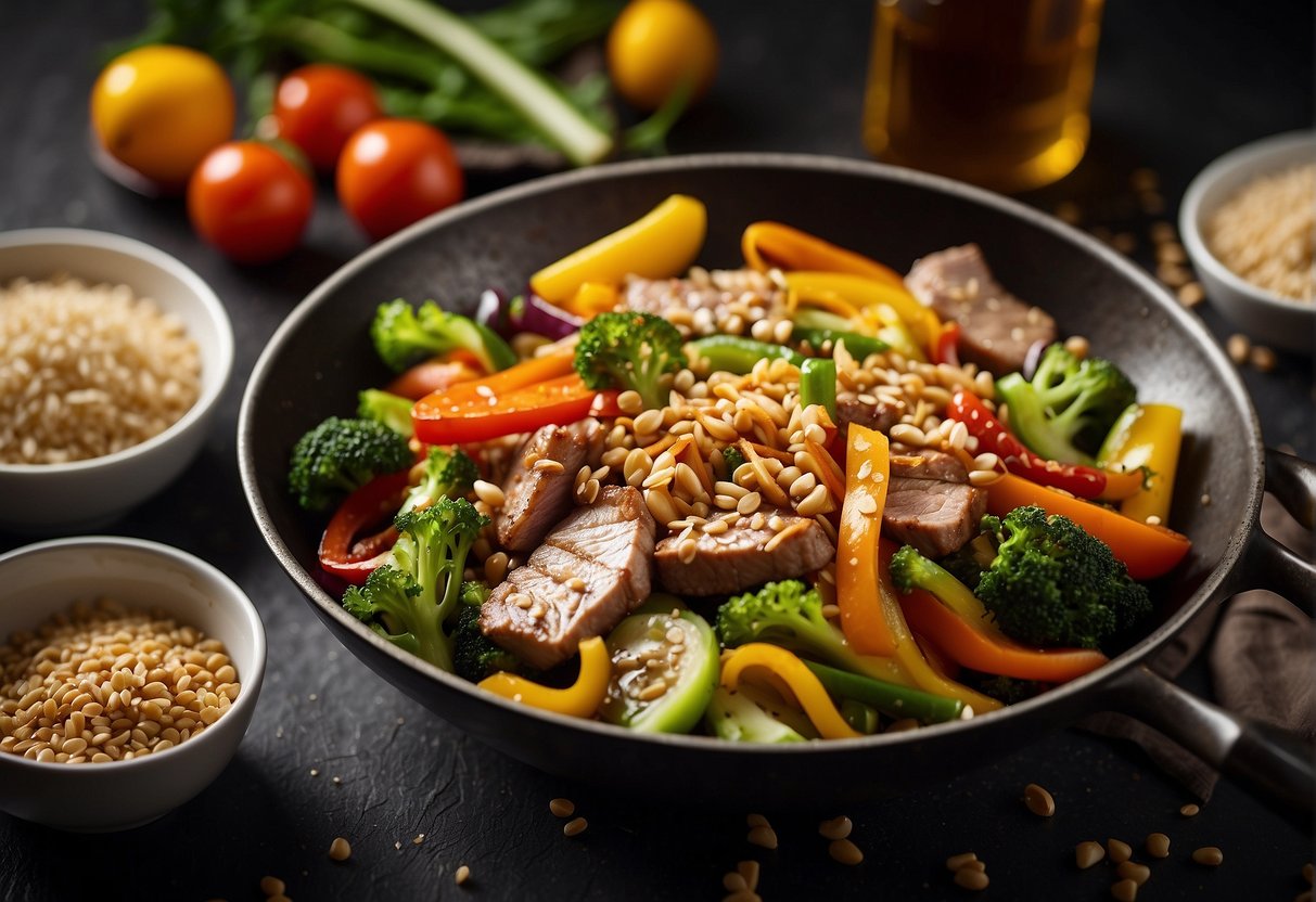 A sizzling wok filled with colorful vegetables and tender strips of meat, surrounded by bottles of soy sauce and sesame oil