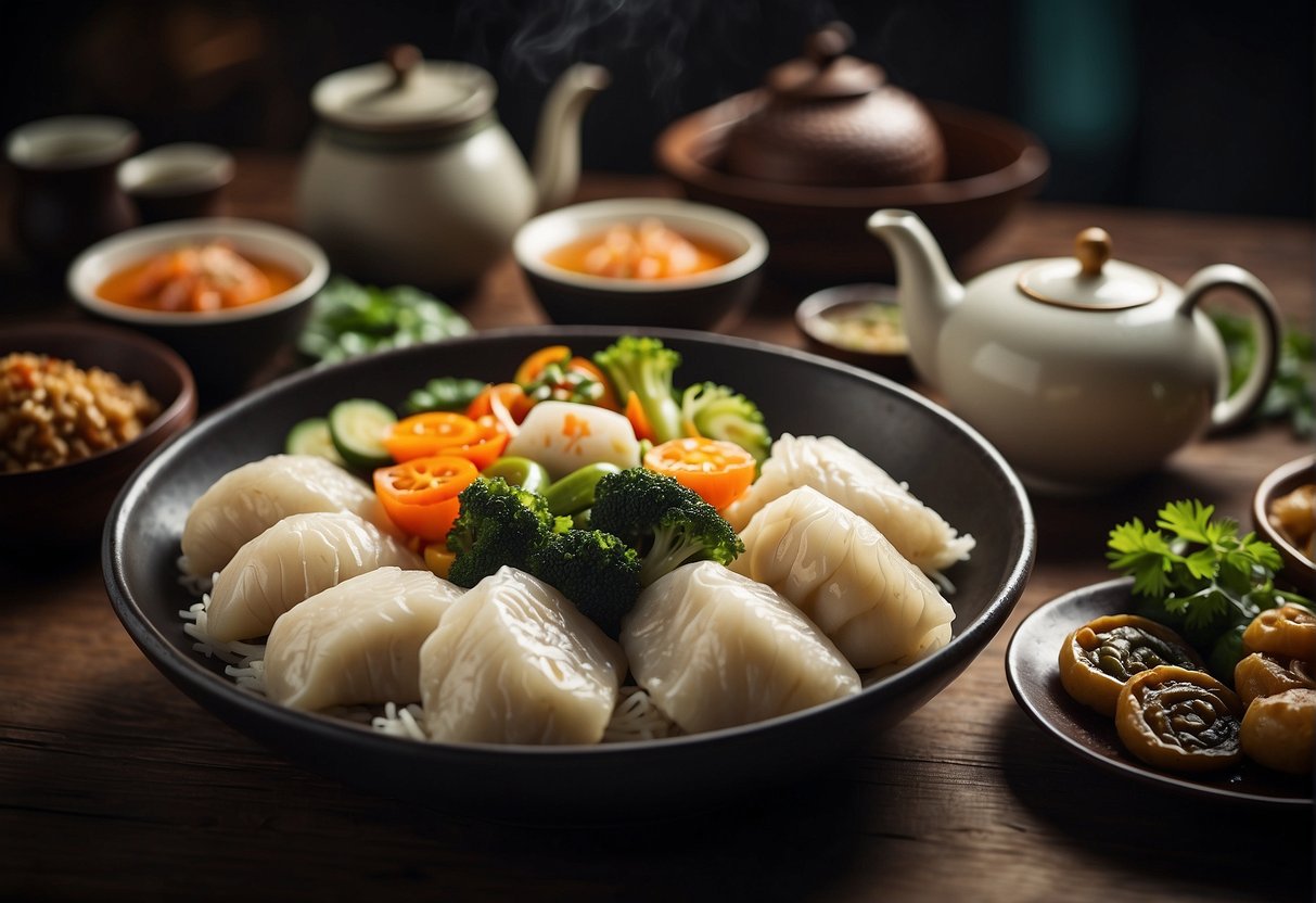 A table set with a variety of Chinese dishes: steamed fish, stir-fried vegetables, rice, and dumplings. Teapot and cups complete the balanced meal